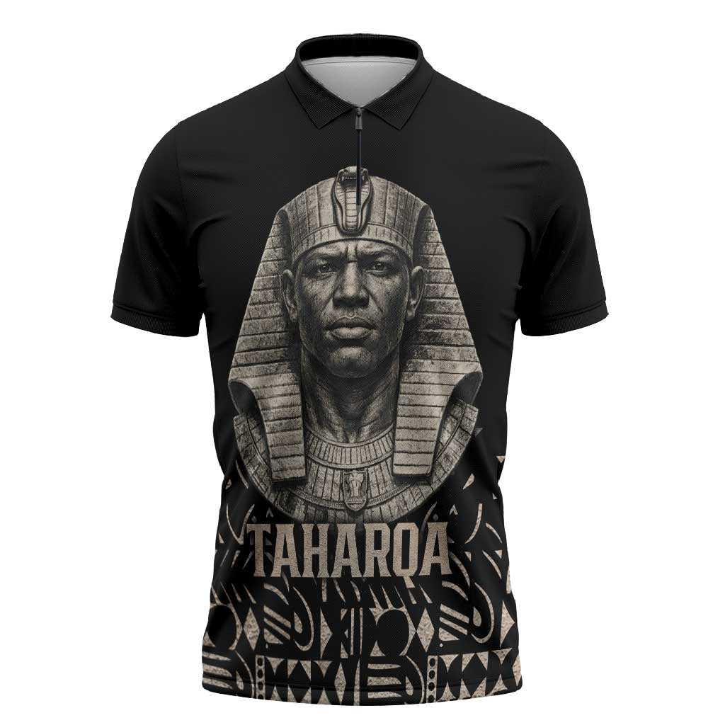 Taharqa Zipper Polo Shirt with Black Pharaoh Portrait, 25th Dynasty of Egypt Text and Nubian-Inspired - Wonder Print Shop