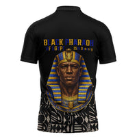 Taharqa Zipper Polo Shirt with Black Pharaoh Portrait, 25th Dynasty of Egypt Text and Nubian-Inspired - Wonder Print Shop