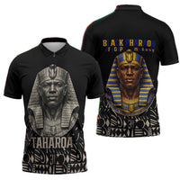 Taharqa Zipper Polo Shirt with Black Pharaoh Portrait, 25th Dynasty of Egypt Text and Nubian-Inspired - Wonder Print Shop