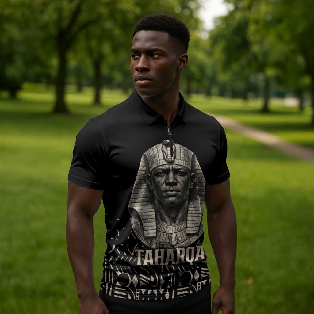 Taharqa Zipper Polo Shirt with Black Pharaoh Portrait, 25th Dynasty of Egypt Text and Nubian-Inspired - Wonder Print Shop