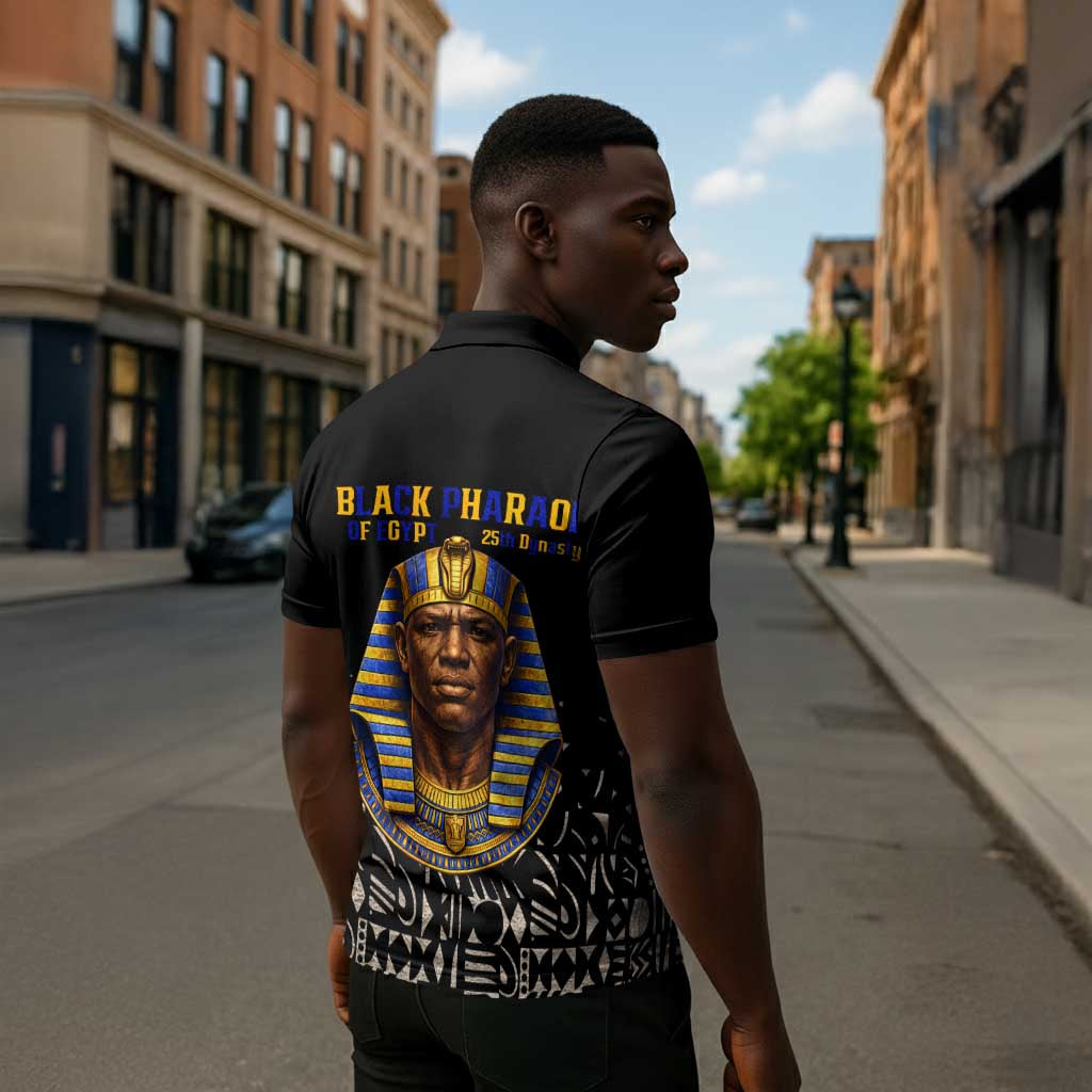 Taharqa Zipper Polo Shirt with Black Pharaoh Portrait, 25th Dynasty of Egypt Text and Nubian-Inspired - Wonder Print Shop