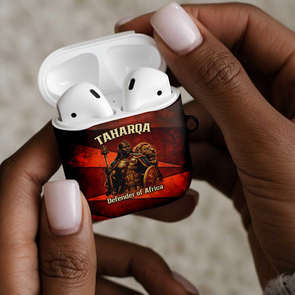 Taharqa AirPods Case with Warrior Portrait, Lion of Kush Title and Bold Red Defender of Africa - Wonder Print Shop