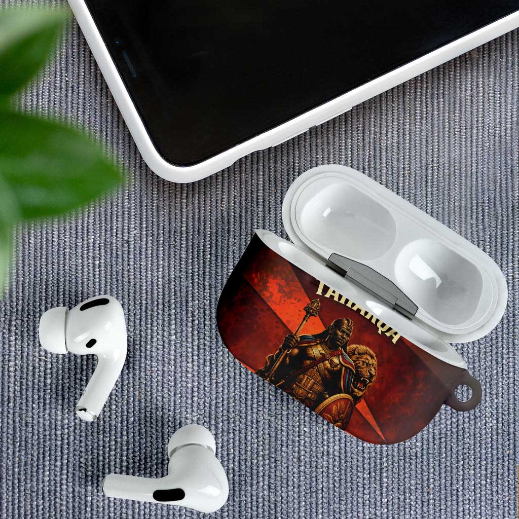 Taharqa AirPods Case with Warrior Portrait, Lion of Kush Title and Bold Red Defender of Africa - Wonder Print Shop