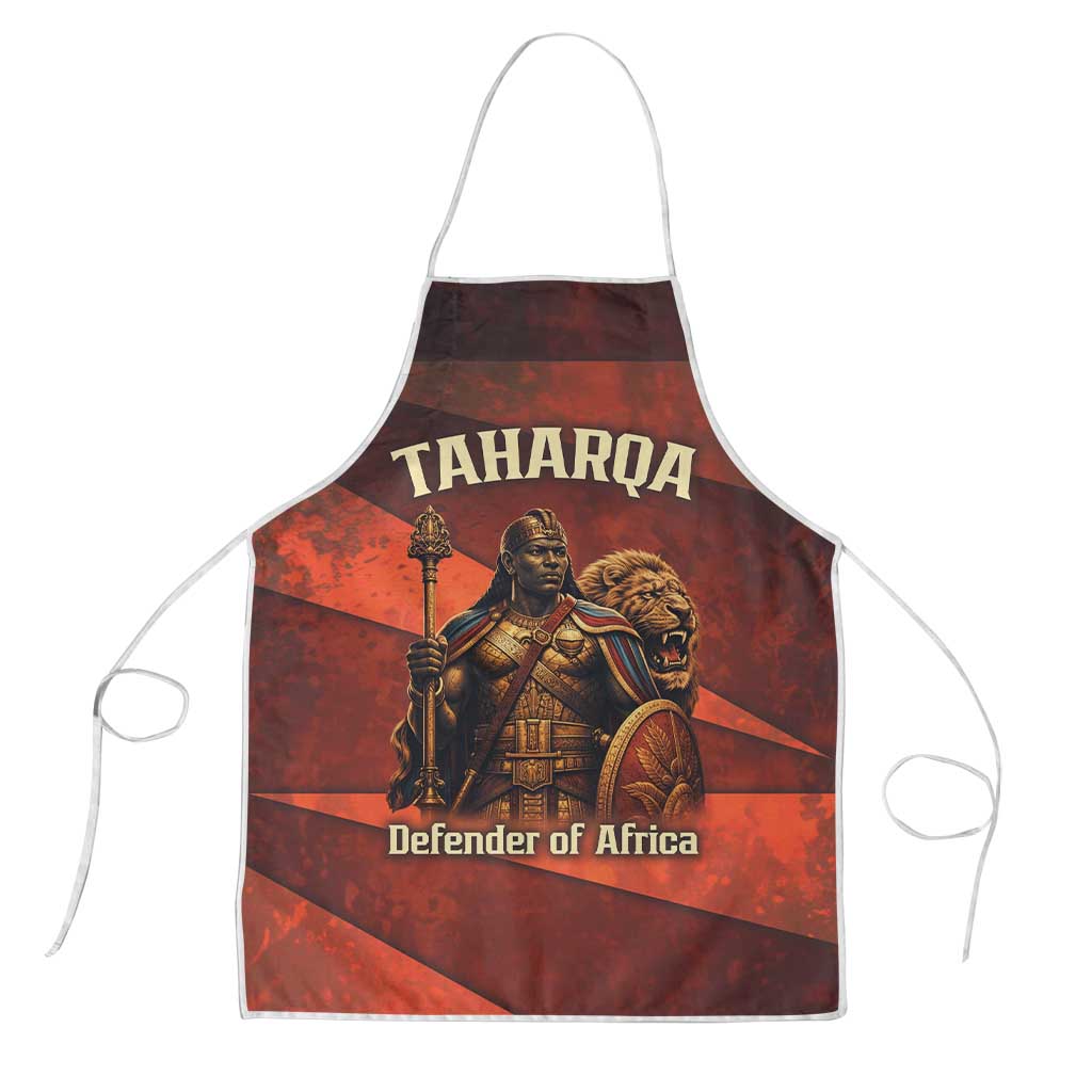 Taharqa Apron with Warrior Portrait, Lion of Kush Title and Bold Red Defender of Africa - Wonder Print Shop