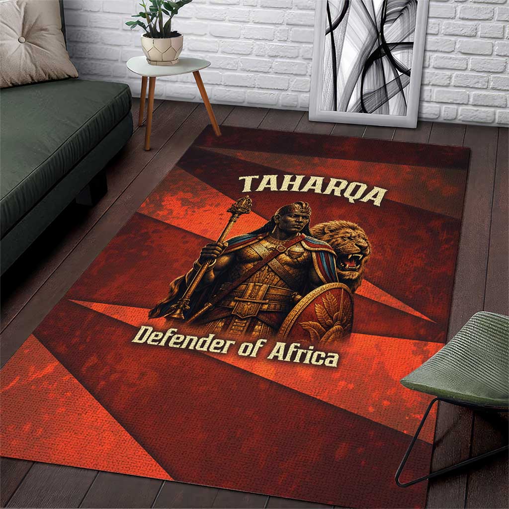 Taharqa Area Rug with Warrior Portrait, Lion of Kush Title and Bold Red Defender of Africa - Wonder Print Shop
