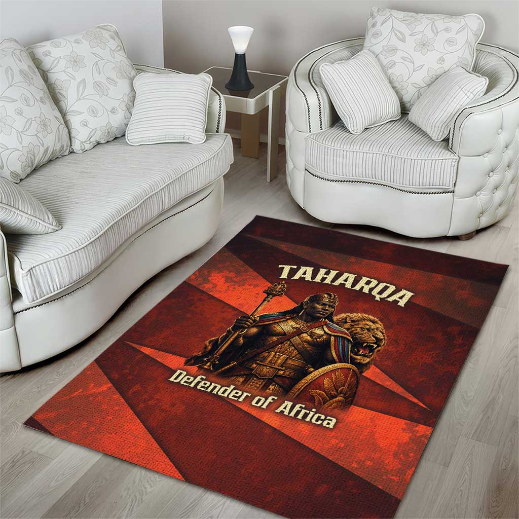 Taharqa Area Rug with Warrior Portrait, Lion of Kush Title and Bold Red Defender of Africa - Wonder Print Shop