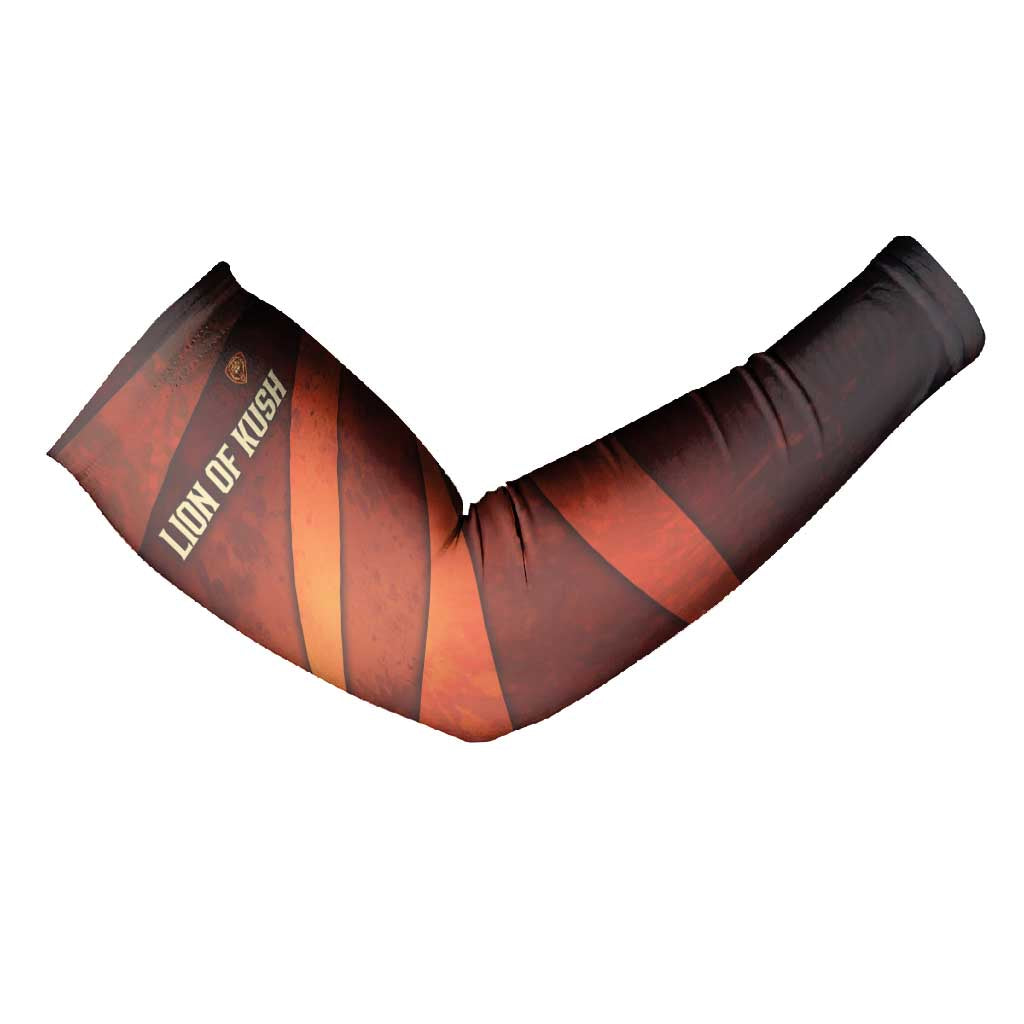 Taharqa Arm Sleeves with Warrior Portrait, Lion of Kush Title and Bold Red Defender of Africa - Wonder Print Shop