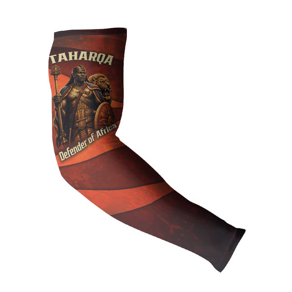Taharqa Arm Sleeves with Warrior Portrait, Lion of Kush Title and Bold Red Defender of Africa - Wonder Print Shop