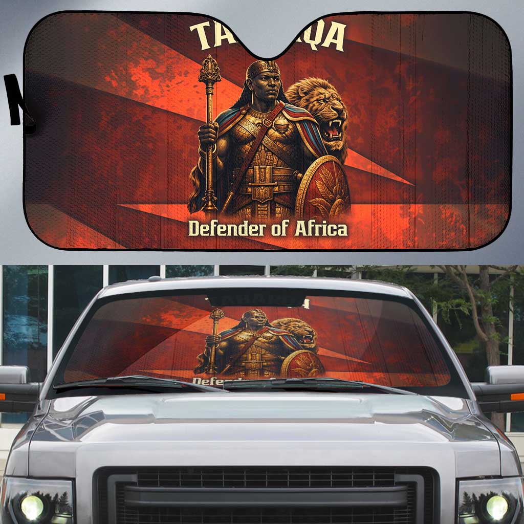 Taharqa Auto Sun Shade with Warrior Portrait, Lion of Kush Title and Bold Red Defender of Africa - Wonder Print Shop
