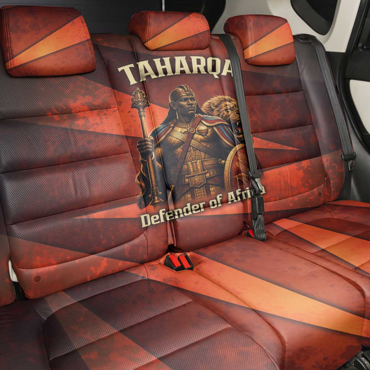 Taharqa Back Car Seat Cover with Warrior Portrait, Lion of Kush Title and Bold Red Defender of Africa - Wonder Print Shop