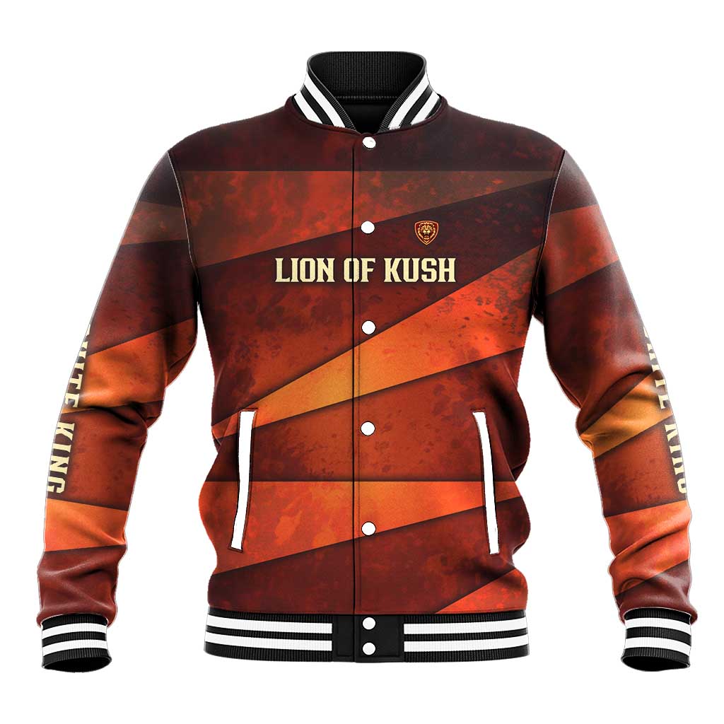 Taharqa Baseball Jacket with Warrior Portrait, Lion of Kush Title and Bold Red Defender of Africa - Wonder Print Shop