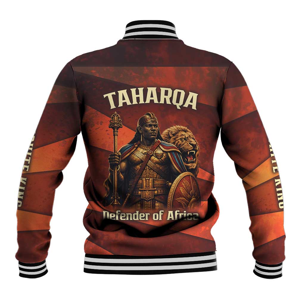 Taharqa Baseball Jacket with Warrior Portrait, Lion of Kush Title and Bold Red Defender of Africa - Wonder Print Shop