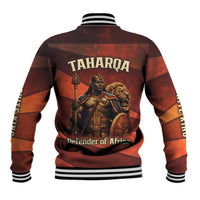 Taharqa Baseball Jacket with Warrior Portrait, Lion of Kush Title and Bold Red Defender of Africa - Wonder Print Shop