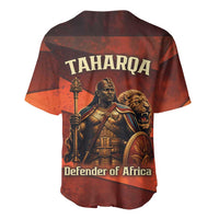 Taharqa Baseball Jersey with Warrior Portrait, Lion of Kush Title and Bold Red Defender of Africa - Wonder Print Shop