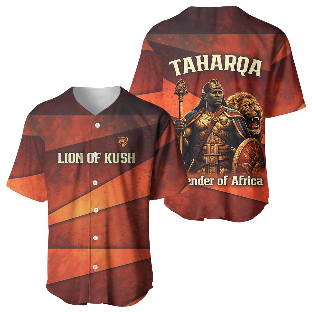 Taharqa Baseball Jersey with Warrior Portrait, Lion of Kush Title and Bold Red Defender of Africa - Wonder Print Shop