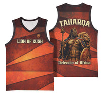 Taharqa Basketball Jersey with Warrior Portrait, Lion of Kush Title and Bold Red Defender of Africa - Wonder Print Shop
