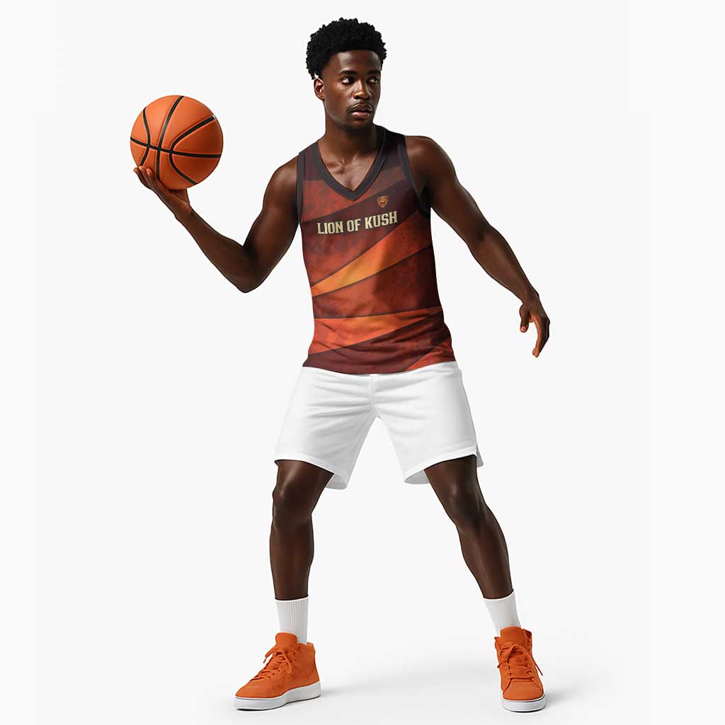 Taharqa Basketball Jersey with Warrior Portrait, Lion of Kush Title and Bold Red Defender of Africa - Wonder Print Shop