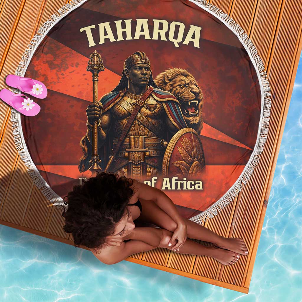 Taharqa Beach Blanket with Warrior Portrait, Lion of Kush Title and Bold Red Defender of Africa - Wonder Print Shop