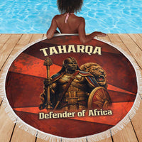 Taharqa Beach Blanket with Warrior Portrait, Lion of Kush Title and Bold Red Defender of Africa - Wonder Print Shop