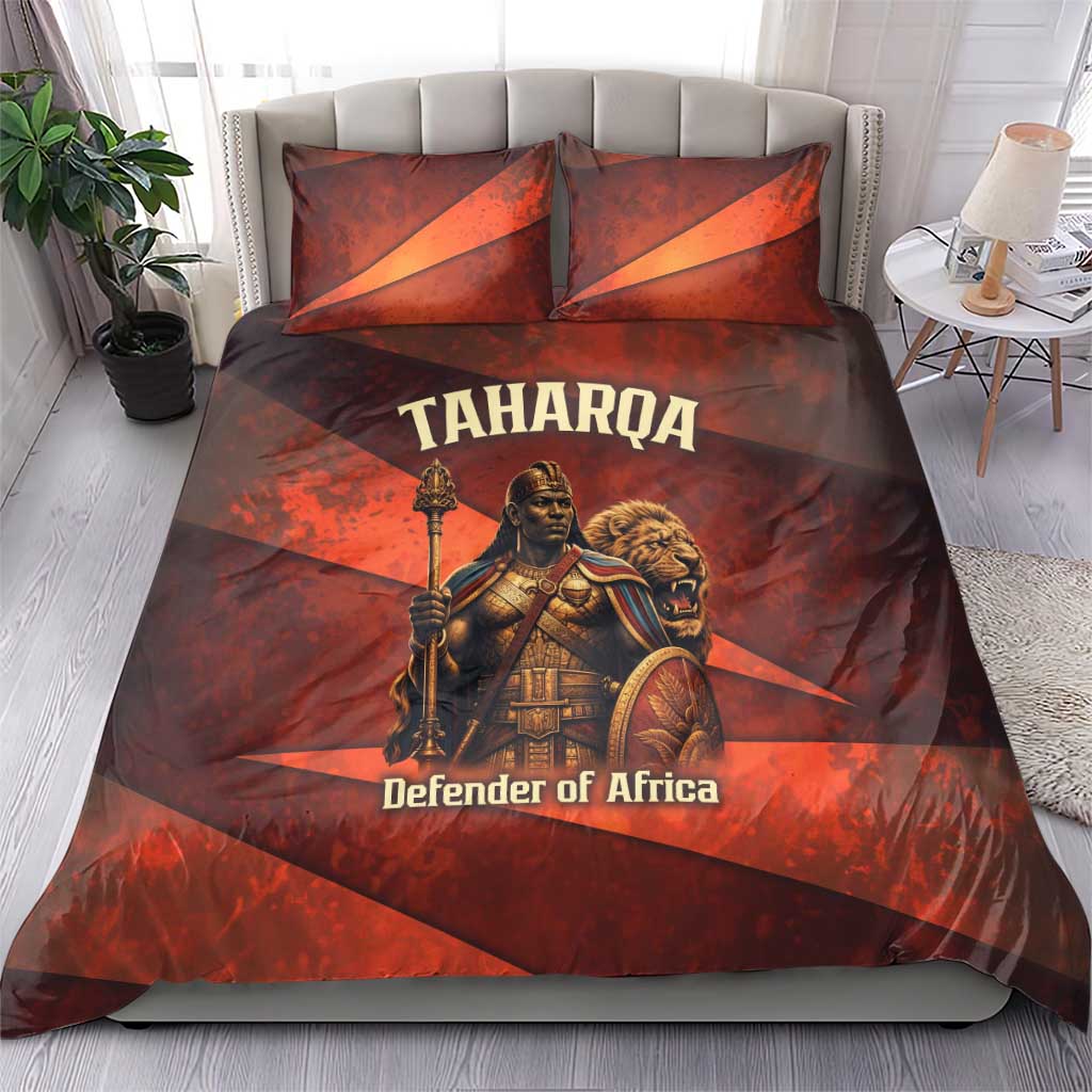 Taharqa Bedding Set with Warrior Portrait, Lion of Kush Title and Bold Red Defender of Africa - Wonder Print Shop