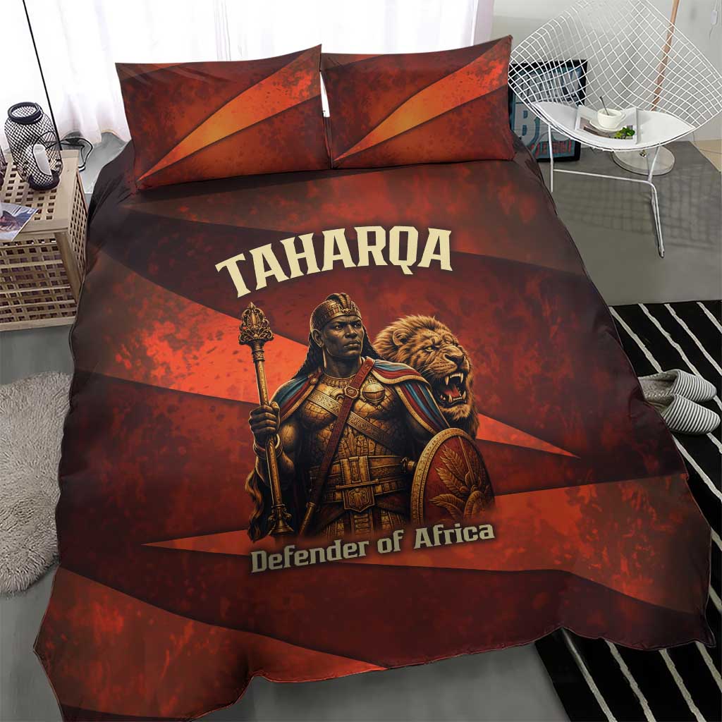 Taharqa Bedding Set with Warrior Portrait, Lion of Kush Title and Bold Red Defender of Africa - Wonder Print Shop