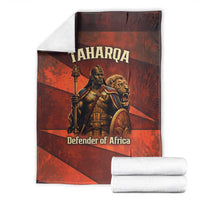 Taharqa Blanket with Warrior Portrait, Lion of Kush Title and Bold Red Defender of Africa - Wonder Print Shop