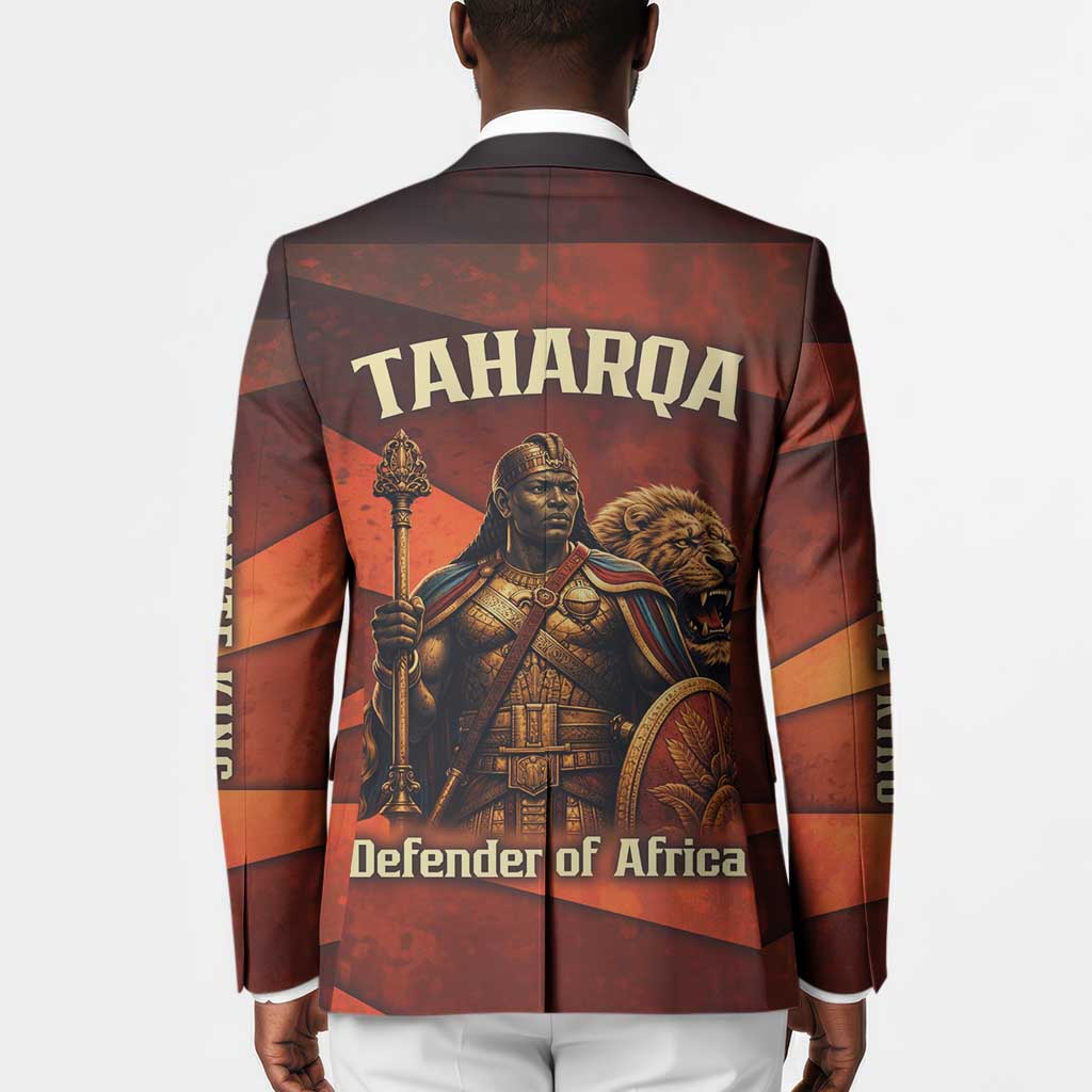 Taharqa Blazer with Warrior Portrait, Lion of Kush Title and Bold Red Defender of Africa - Wonder Print Shop