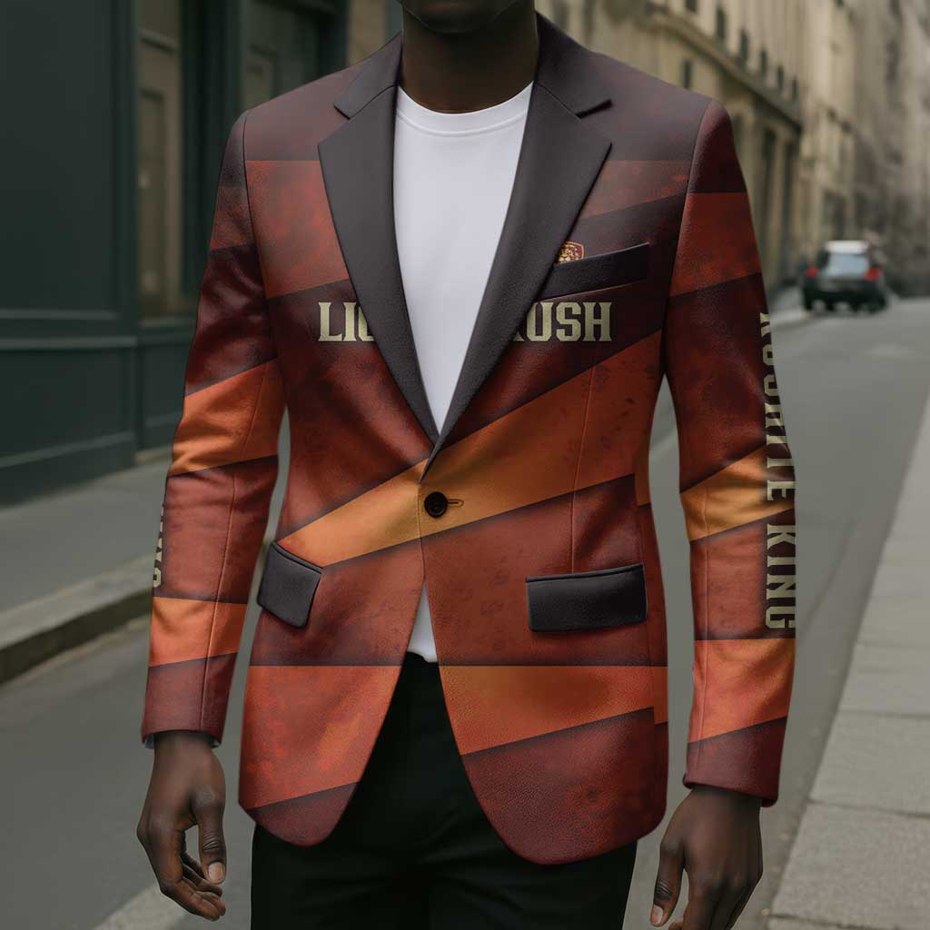 Taharqa Blazer with Warrior Portrait, Lion of Kush Title and Bold Red Defender of Africa - Wonder Print Shop