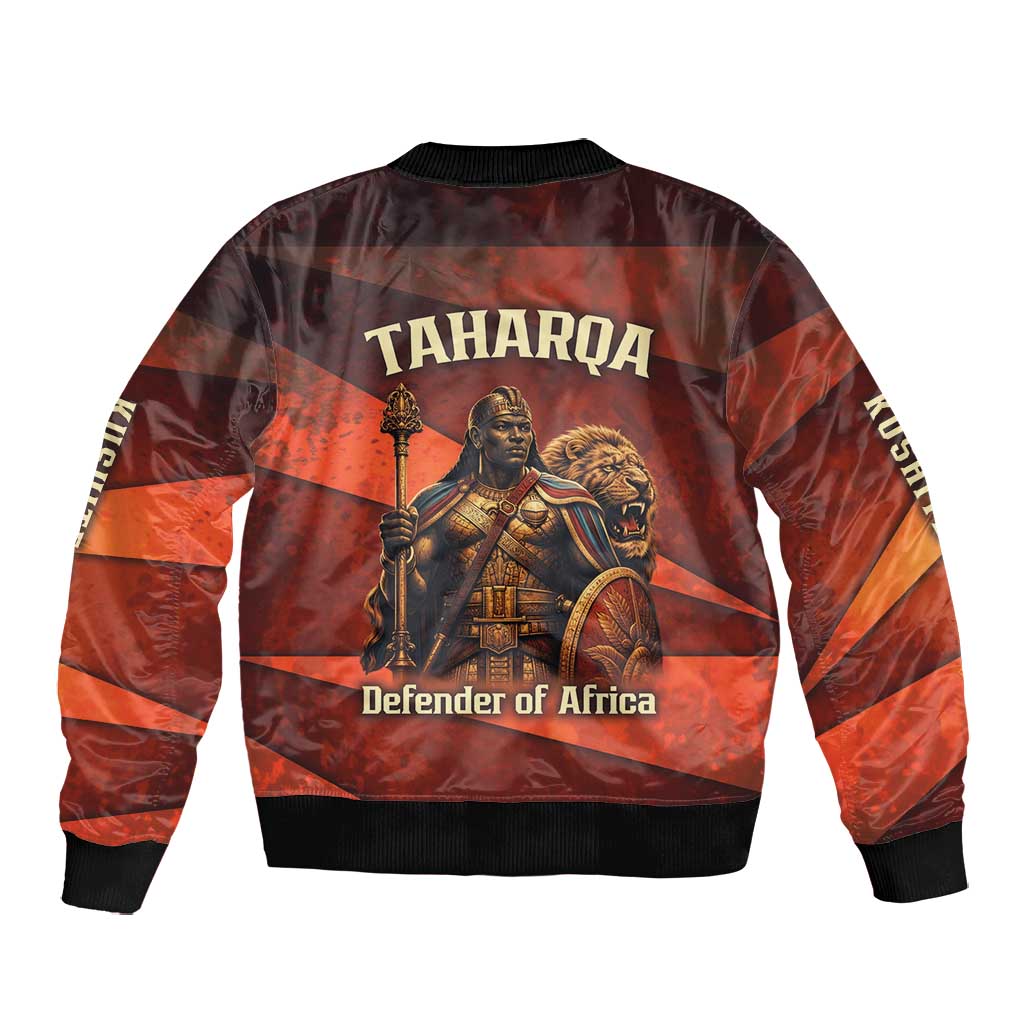 Taharqa Bomber Jacket with Warrior Portrait, Lion of Kush Title and Bold Red Defender of Africa - Wonder Print Shop