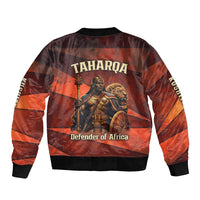 Taharqa Bomber Jacket with Warrior Portrait, Lion of Kush Title and Bold Red Defender of Africa - Wonder Print Shop