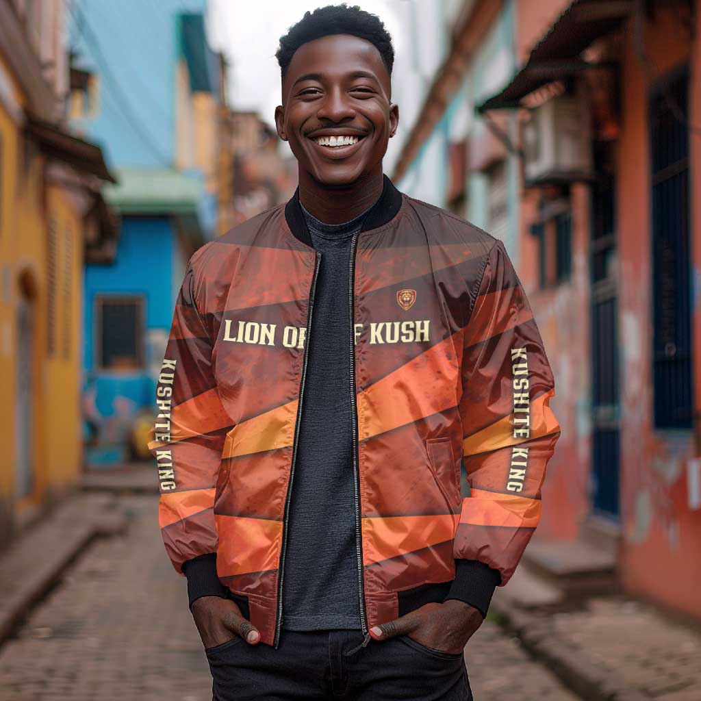 Taharqa Bomber Jacket with Warrior Portrait, Lion of Kush Title and Bold Red Defender of Africa - Wonder Print Shop