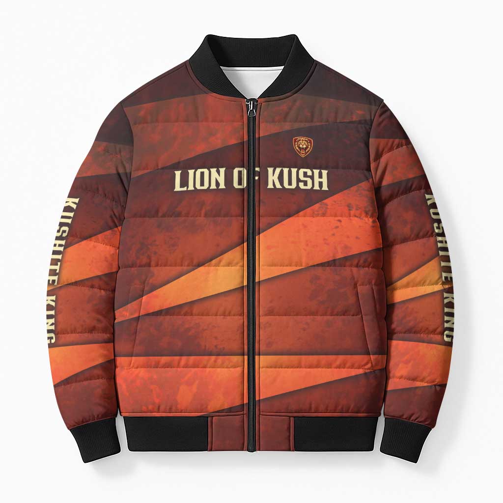 Taharqa Bomber Puffer Jacket with Warrior Portrait, Lion of Kush Title and Bold Red Defender of Africa - Wonder Print Shop