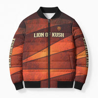 Taharqa Bomber Puffer Jacket with Warrior Portrait, Lion of Kush Title and Bold Red Defender of Africa - Wonder Print Shop