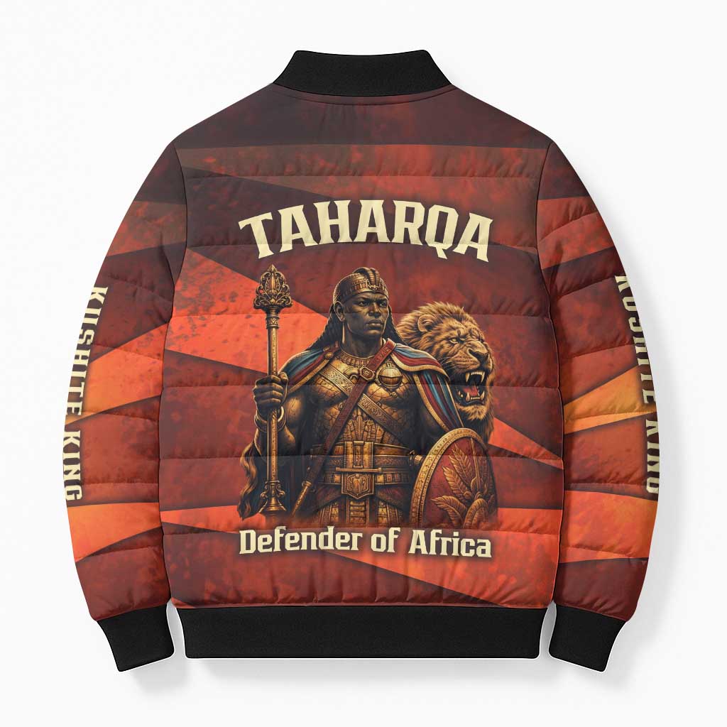 Taharqa Bomber Puffer Jacket with Warrior Portrait, Lion of Kush Title and Bold Red Defender of Africa - Wonder Print Shop