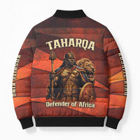 Taharqa Bomber Puffer Jacket with Warrior Portrait, Lion of Kush Title and Bold Red Defender of Africa - Wonder Print Shop
