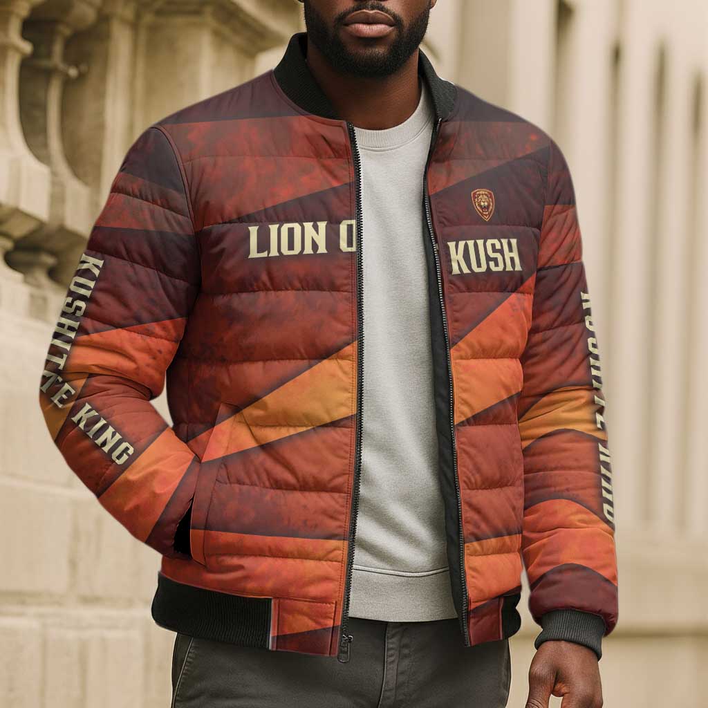 Taharqa Bomber Puffer Jacket with Warrior Portrait, Lion of Kush Title and Bold Red Defender of Africa - Wonder Print Shop