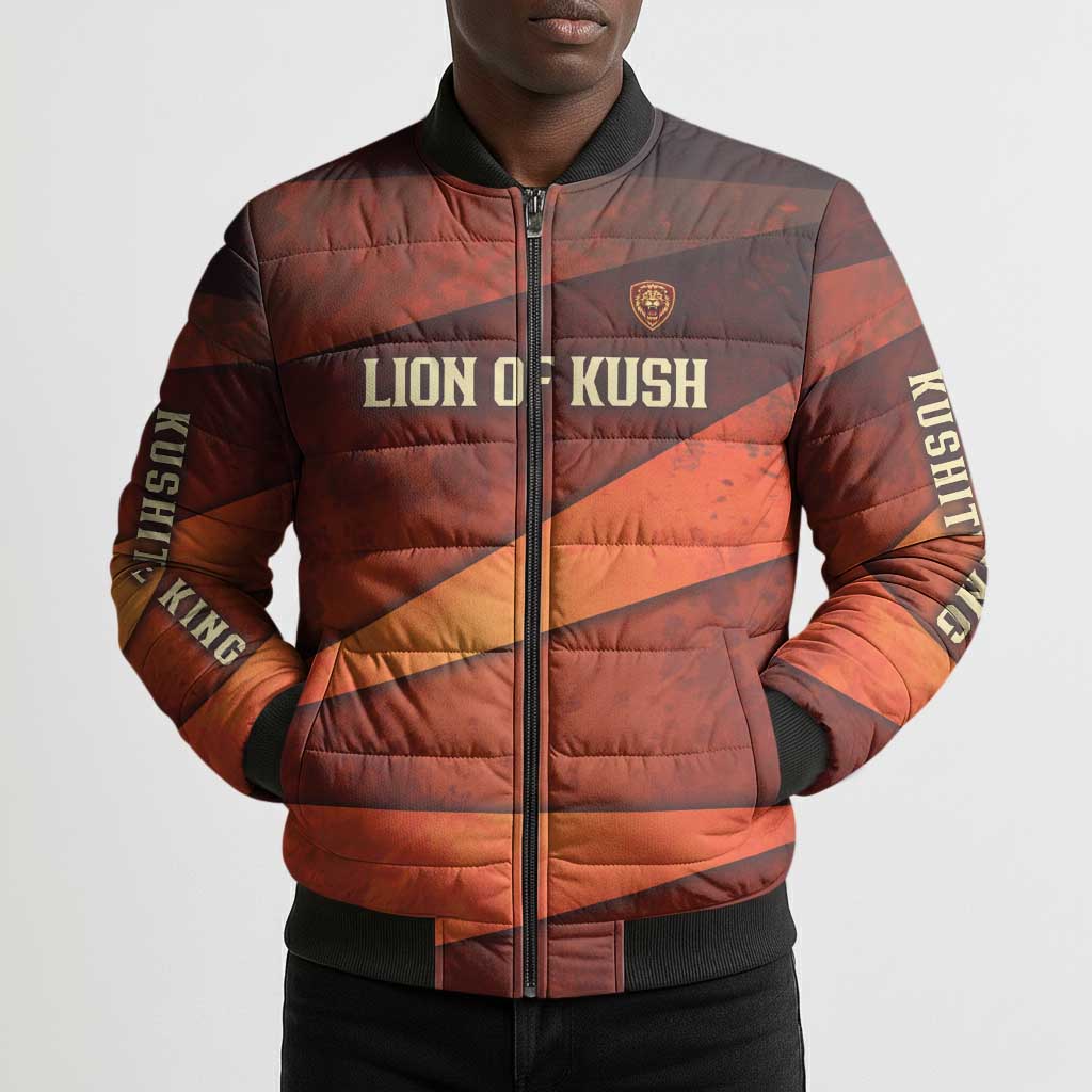 Taharqa Bomber Puffer Jacket with Warrior Portrait, Lion of Kush Title and Bold Red Defender of Africa - Wonder Print Shop