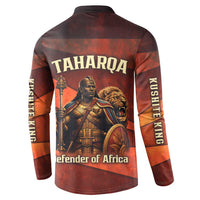 Taharqa Button Sweatshirt with Warrior Portrait, Lion of Kush Title and Bold Red Defender of Africa