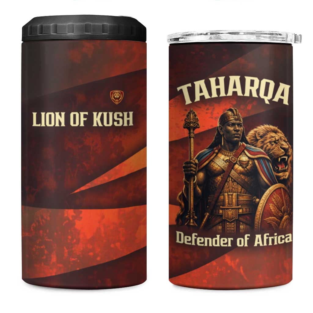 Taharqa 4 in 1 Can Cooler Tumbler with Warrior Portrait, Lion of Kush Title and Bold Red Defender of Africa - Wonder Print Shop