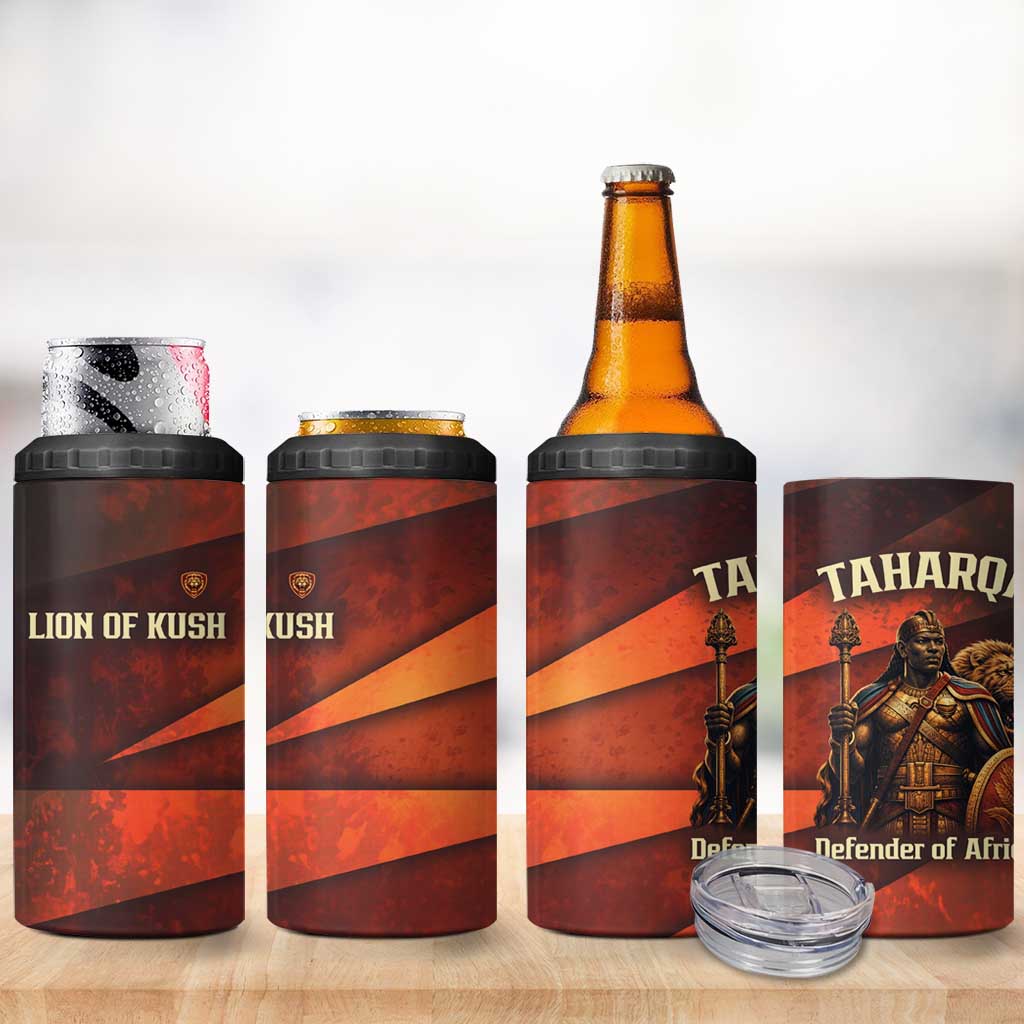 Taharqa 4 in 1 Can Cooler Tumbler with Warrior Portrait, Lion of Kush Title and Bold Red Defender of Africa - Wonder Print Shop