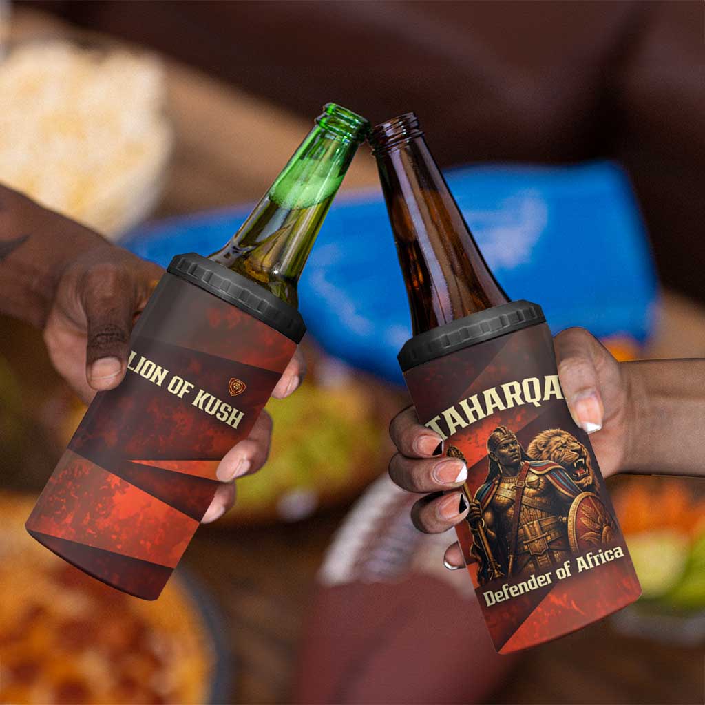 Taharqa 4 in 1 Can Cooler Tumbler with Warrior Portrait, Lion of Kush Title and Bold Red Defender of Africa - Wonder Print Shop
