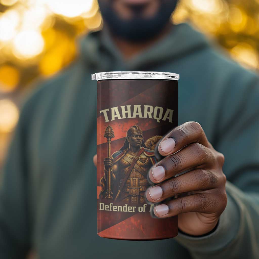 Taharqa 4 in 1 Can Cooler Tumbler with Warrior Portrait, Lion of Kush Title and Bold Red Defender of Africa - Wonder Print Shop