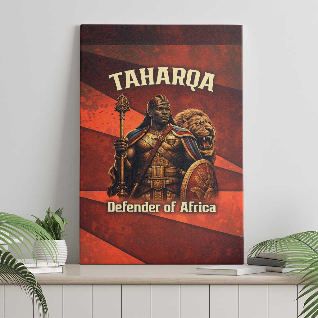 Taharqa Canvas Wall Art with Warrior Portrait, Lion of Kush Title and Bold Red Defender of Africa - Wonder Print Shop