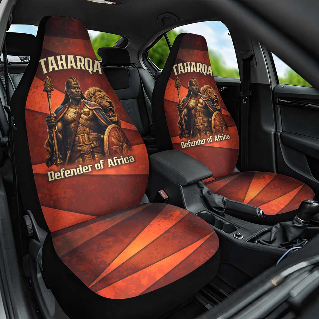 Taharqa Car Seat Cover with Warrior Portrait, Lion of Kush Title and Bold Red Defender of Africa - Wonder Print Shop