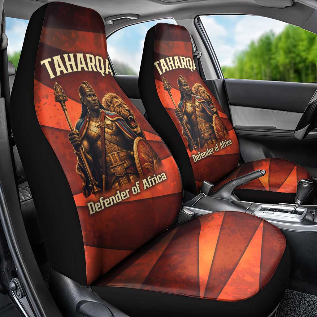 Taharqa Car Seat Cover with Warrior Portrait, Lion of Kush Title and Bold Red Defender of Africa - Wonder Print Shop