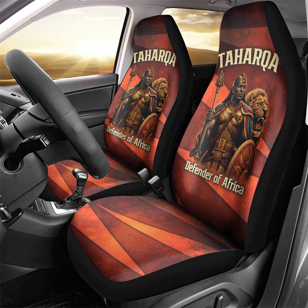 Taharqa Car Seat Cover with Warrior Portrait, Lion of Kush Title and Bold Red Defender of Africa - Wonder Print Shop