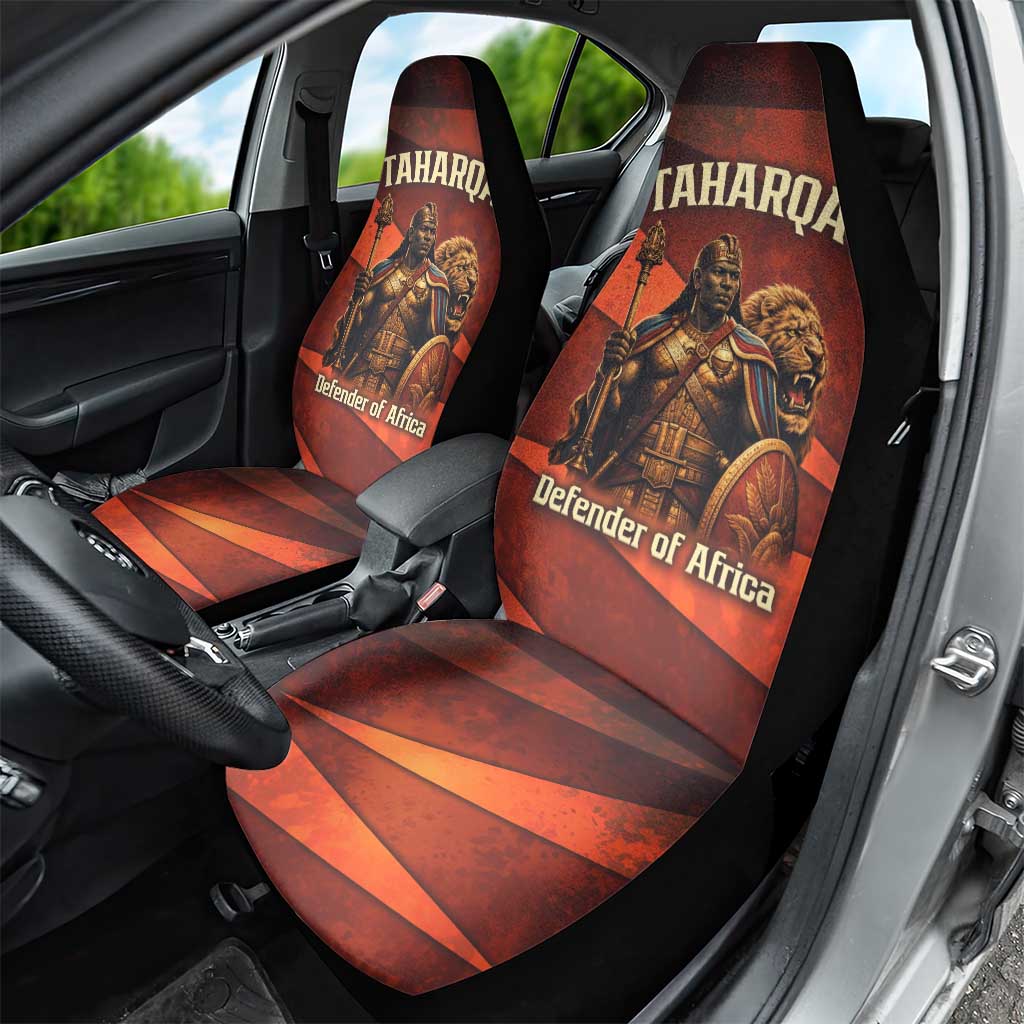 Taharqa Car Seat Cover with Warrior Portrait, Lion of Kush Title and Bold Red Defender of Africa - Wonder Print Shop