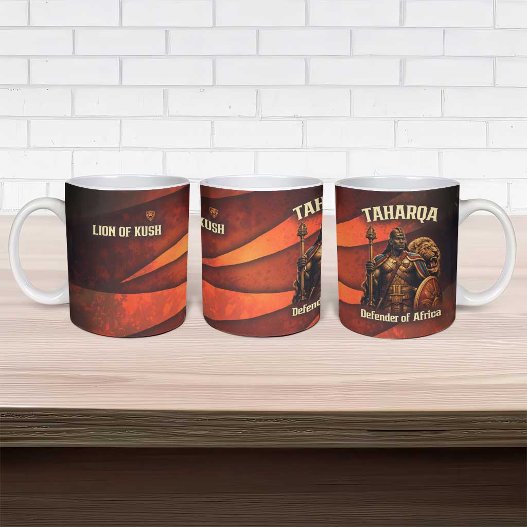 Taharqa Ceramic Mug with Warrior Portrait, Lion of Kush Title and Bold Red Defender of Africa - Wonder Print Shop