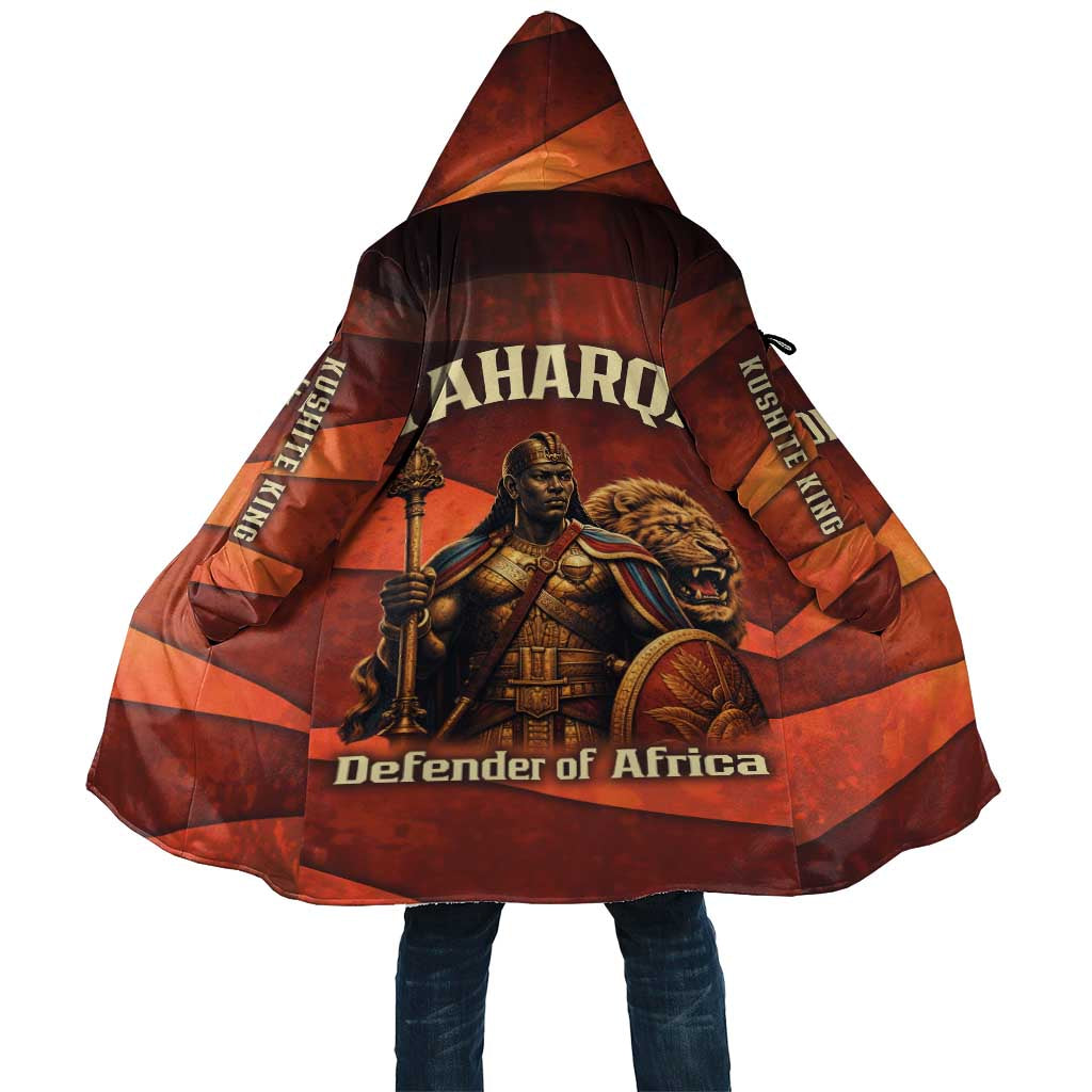 Taharqa Cloak with Warrior Portrait, Lion of Kush Title and Bold Red Defender of Africa - Wonder Print Shop