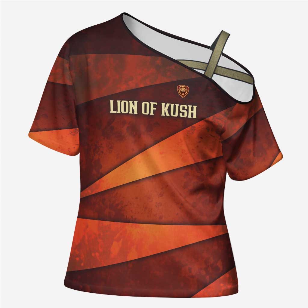 Taharqa Cross Shoulder Shirt with Warrior Portrait, Lion of Kush Title and Bold Red Defender of Africa - Wonder Print Shop